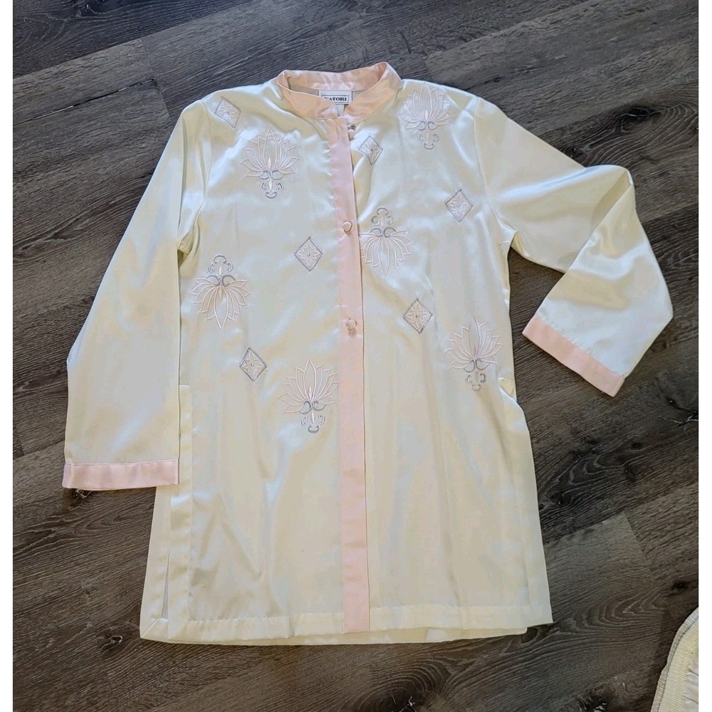 Vtg Natori Ivory Satin Embroidered 2pc Pajama Set Sz S